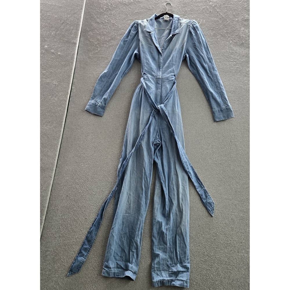 Express Women Jumpsuit Large Light Blue Denim‎ Straight Puff Sleeve 30" Inseam